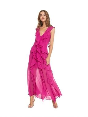 MISA Los Angeles Ruffled V-Neck Maxi Dress - Hot Pink